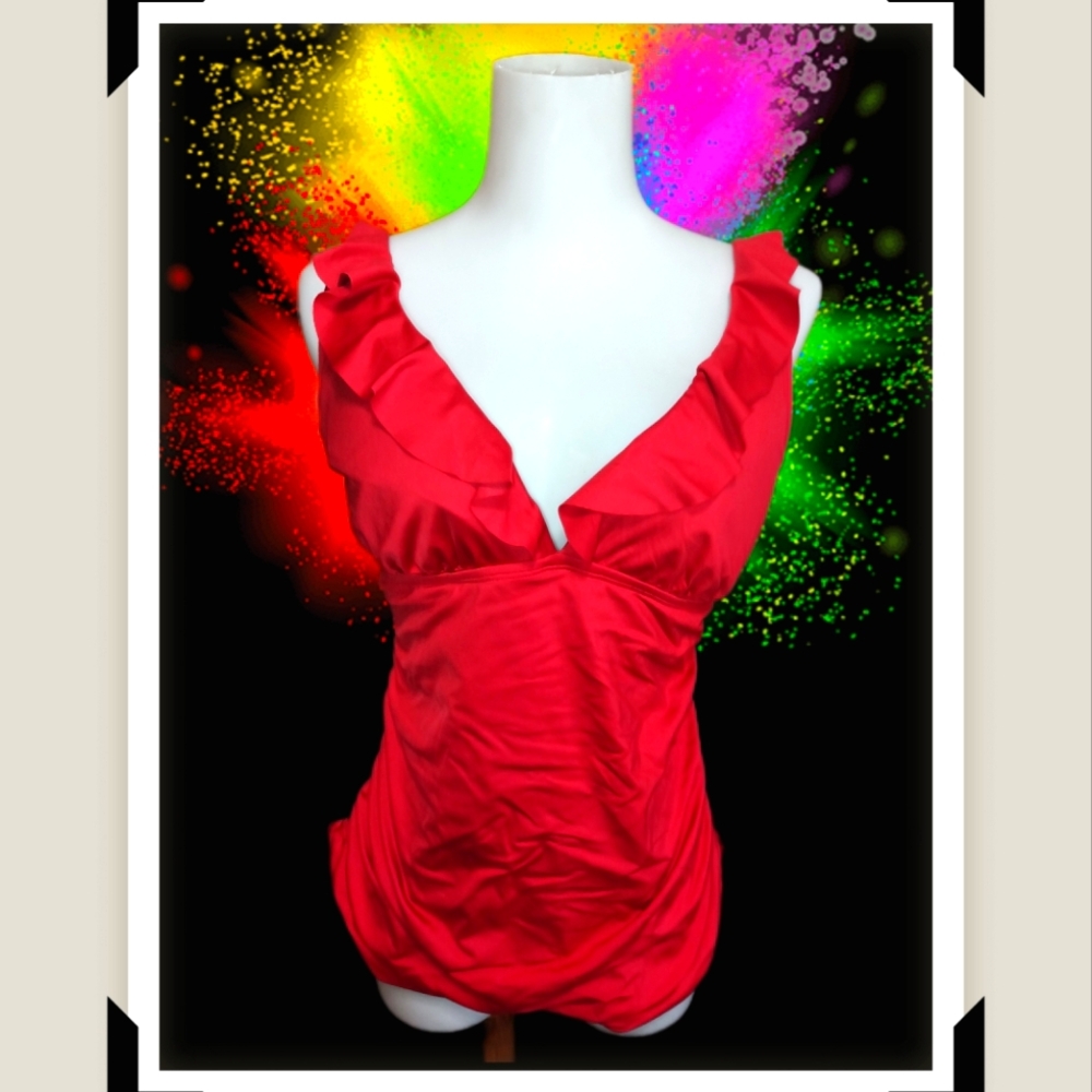 Flattering Red Ruffled V-Neck Swim Top